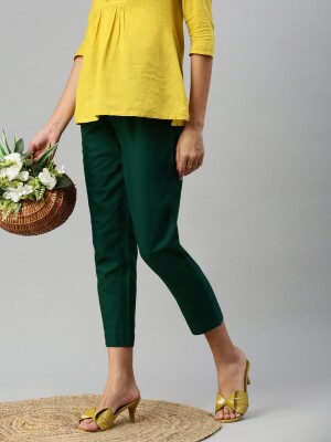 Green polyester fit 100% cotton pant/trouser for women