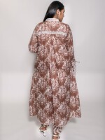 Cappuccino brown floral print flared A-line stand collar kurta Set enhanced with lace on the collar