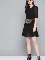 Women BLACK DOBBY FRILL HEM SHORT DRESS elegant, fashionable, versatile, textured design, stylish dress