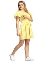 Yellow Strip frill sleeves Dress Comfortable Fabric, Versatile Wear, Round or V-Neckline, Chic, Playful, Summer Dress, Casual Wear