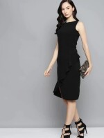 Women Black One Sided Frill Bodycon Dress Elegant, Mini Length, Sophisticated, Versatile, High-Quality Fabric
