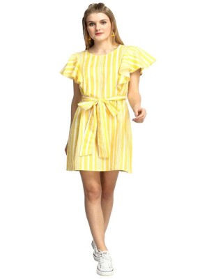 Yellow Strip frill sleeves Dress Comfortable Fabric, Versatile Wear, Round or V-Neckline, Chic, Playful, Summer Dress, Casual Wear