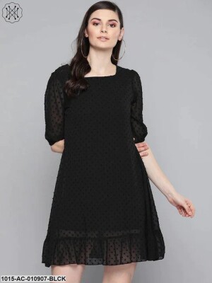 Women BLACK DOBBY FRILL HEM SHORT DRESS elegant, fashionable, versatile, textured design, stylish dress
