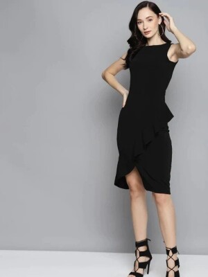 Women Black One Sided Frill Bodycon Dress Elegant, Mini Length, Sophisticated, Versatile, High-Quality Fabric