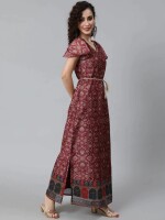 BURGUNDY & GREEN CHANDERI PRINT SLIT MAXI DRESS Vibrant Colors, Intricate Patterns, Special Occasions, Ethnic Style