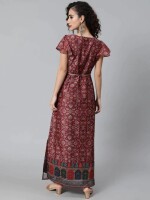 BURGUNDY & GREEN CHANDERI PRINT SLIT MAXI DRESS Vibrant Colors, Intricate Patterns, Special Occasions, Ethnic Style