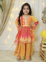 Multi Colored Yellow., Pink & Red Sharara Set  Multi Colored Sharara Set Kids' Ethnic Wear Sharara Bottoms Three-Piece Ensemble