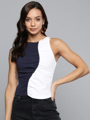 Women Navy & White Color Block Crop Top ,Women's fashion, Trendy, Versatile, Clothing, Fashion  Crop top