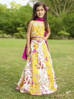 Yellow Cotton Printed Lehenga Choli Set With Pink Dupatta Set