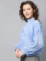 Blue Balloon Sleeve Faux Fur Sweatshirt Luxurious Texture, Ribbed Hem Casual Elegance, Women's Fashion
