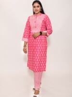 pure cotton fresh pink printed straight-cut stand collar kurta, paired with stripe pants and a matching neck yolk