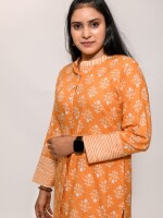 pure soft cotton fresh orange unusual tail-cut straight fit stand collar kurta set, paired with stripe matching Afghani pants