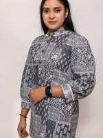 pure soft cotton grey top length 3-button stand collar short kurti ,practical and stylish