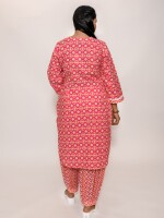 pure soft cotton pink and white printed apple cut kurta paired with matching zigzag pleated pants creates a fashionable and coordinated ensemble.