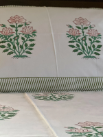 Peacoy ,King size, Elegant Hand Block Printed ,Pure Cotton,Green and pink flowers printed bed sheet