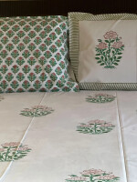 Peacoy ,King size, Elegant Hand Block Printed ,Pure Cotton,Green and pink flowers printed bed sheet