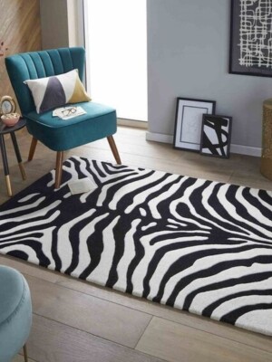 BLACK AND WHITE Hand Tufted Zebra Rug Irregular 100% Wool Area Rug For Bedroom Aesthetic Minimalist Tufted Rug