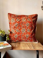 Muted Orange Bloom Block Print Cotton Cushion Cover - 16 x 16 inches