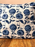 Blue Bloom Block Print Cotton Cushion Cover - 16 x 16 inches