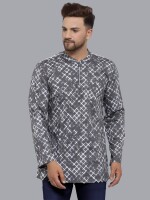 Grey & White Cotton Printed With Zipper Men Short Kurta