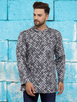 Grey & White Cotton Printed With Zipper Men Short Kurta