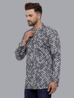 Grey & White Cotton Printed With Zipper Men Short Kurta