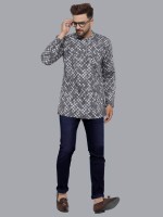 Grey & White Cotton Printed With Zipper Men Short Kurta