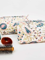 Multi Utility Travel kits Dark Blue & Pink Flower Printed Pouch (Set of two)