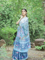 Madhubani shibori sky blue hand painted linen saree