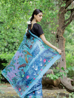 Madhubani shibori sky blue hand painted linen saree