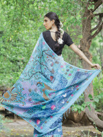 Madhubani shibori sky blue hand painted linen saree