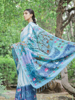 Madhubani shibori sky blue hand painted linen saree