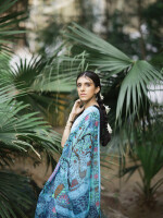 Madhubani shibori sky blue hand painted linen saree