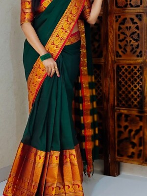 Pure Narayanpet sarees with a peacock Kanchi border and a contrast stripes pallu, along with a running blouse,