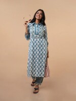 White and blue embroidered hand block print cotton suit for women- set of 2