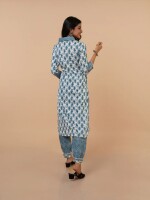 White and blue embroidered hand block print cotton suit for women- set of 2