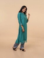 Teal blue embroiderd chanderi silk organaza kurta set for women- Set of 3