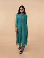 Teal blue embroiderd chanderi silk organaza kurta set for women- Set of 3