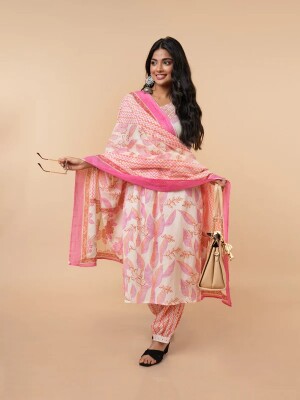 Beautiful pink and white embroidered cotton kurta set - set of 3