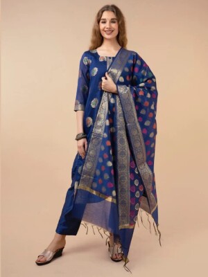 Blue banarasi cotton silk blend suit with dupatta & pant- Set of 3