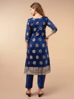 Blue banarasi cotton silk blend suit with dupatta & pant- Set of 3