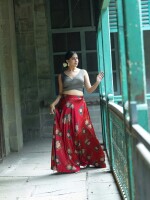 Satin mehendi green cross pattern blouse with maroon floral print satin skirt