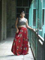 Satin mehendi green cross pattern blouse with maroon floral print satin skirt