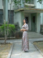 Beige satin floral printed puff blouse with skirt