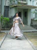 Beige satin floral printed puff blouse with skirt