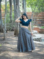 Navy blue rayon flare blouse with floral printed silk skirt