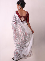 White hand painted madhubani linen saree