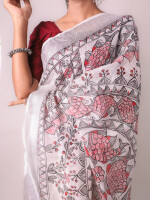 White hand painted madhubani linen saree