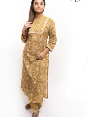 Mustard Amaira Hand Block Printed Kurta, Latest Collection, Designer Wear