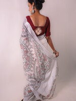 White hand painted madhubani linen saree